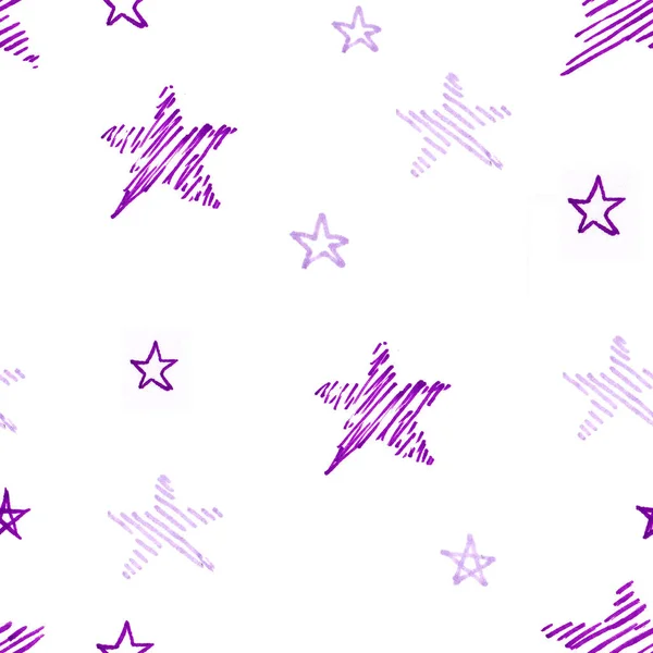 Patrón abstracto de estrellas de garabato violeta dibujadas a mano sobre fondo blanco. Ilustración creativa para textiles, fondos, etc. . — Foto de Stock