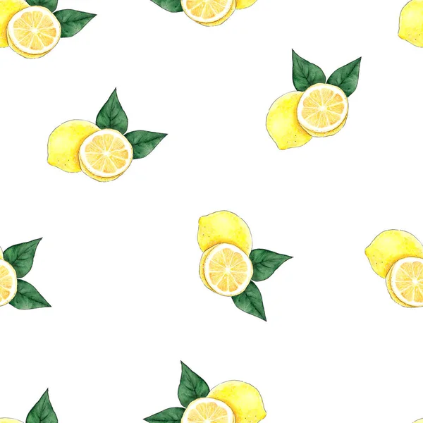 Modèle sans couture avec des citrons jaunes dessinés à la main et des feuilles vertes sur fond blanc. Elément décoratif pour tissu et papier d'emballage . — Photo