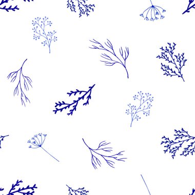 Eflatun çiçeklerin boyalı dallarıyla kusursuz beyaz bir arka plan. Duvar kağıdı, kumaş, arkaplan için yaratıcı tasarım.