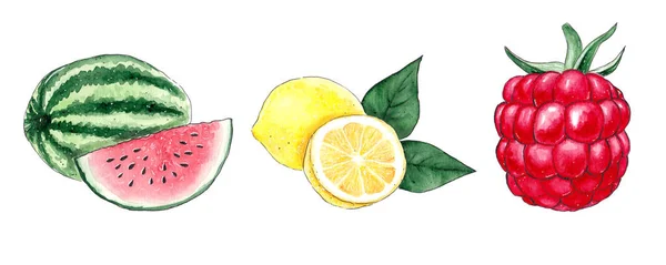 Ensemble de fruits multicolores dessinés à la main pastèque, citron et framboise sur fond blanc. Élément de design graphique créatif dessiné . — Photo