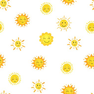 Beyaz arka planda sevimli sarı güneşler çizdim. Kumaş tasarımı, duvar kağıdı, bebek tasarımı, kartpostallar için kusursuz desen.