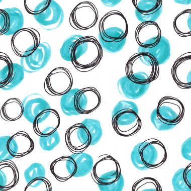 Beyaz arka planda, el çiziminin soyut, pürüzsüz deseni çizilmiş mavi çizgili daireler. Tekstil, arkaplan vs. için yaratıcı illüstrasyon.