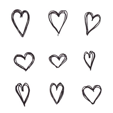 Sevgililer Günü konsepti geçmişi. El çizimi çizimi. Beyazın üstüne çizgi sanatı kalpleri. Sevimli satış afişi ya da tebrik kartı.