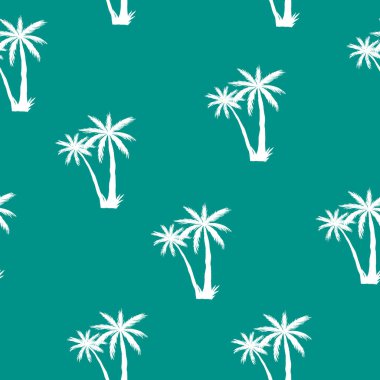 Yeşil arka planda izole edilmiş vektör desensiz beyaz palmiyeler. Tropikal yaz ağaçlarının el çizimi.
