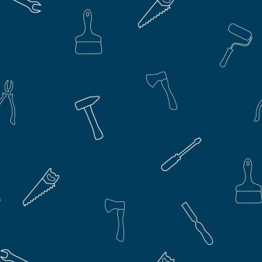 Seamless pattern of vector icons on blue background for web stores, scrapbooking, bullet journals, blogging, etc. Simple tools related vector icons.