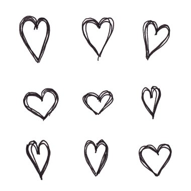 Valentines day concept background. Hand drawn illustration. Set of lineart hearts on white. Cute sale banner or greeting card.