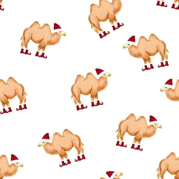 Seamless pattern with winter happy camel in Santa hat and shoes. Christmas design for cards, backgrounds, fabric, wrapping paper. Merry Christmas and Happy New Year vertical greeting card.