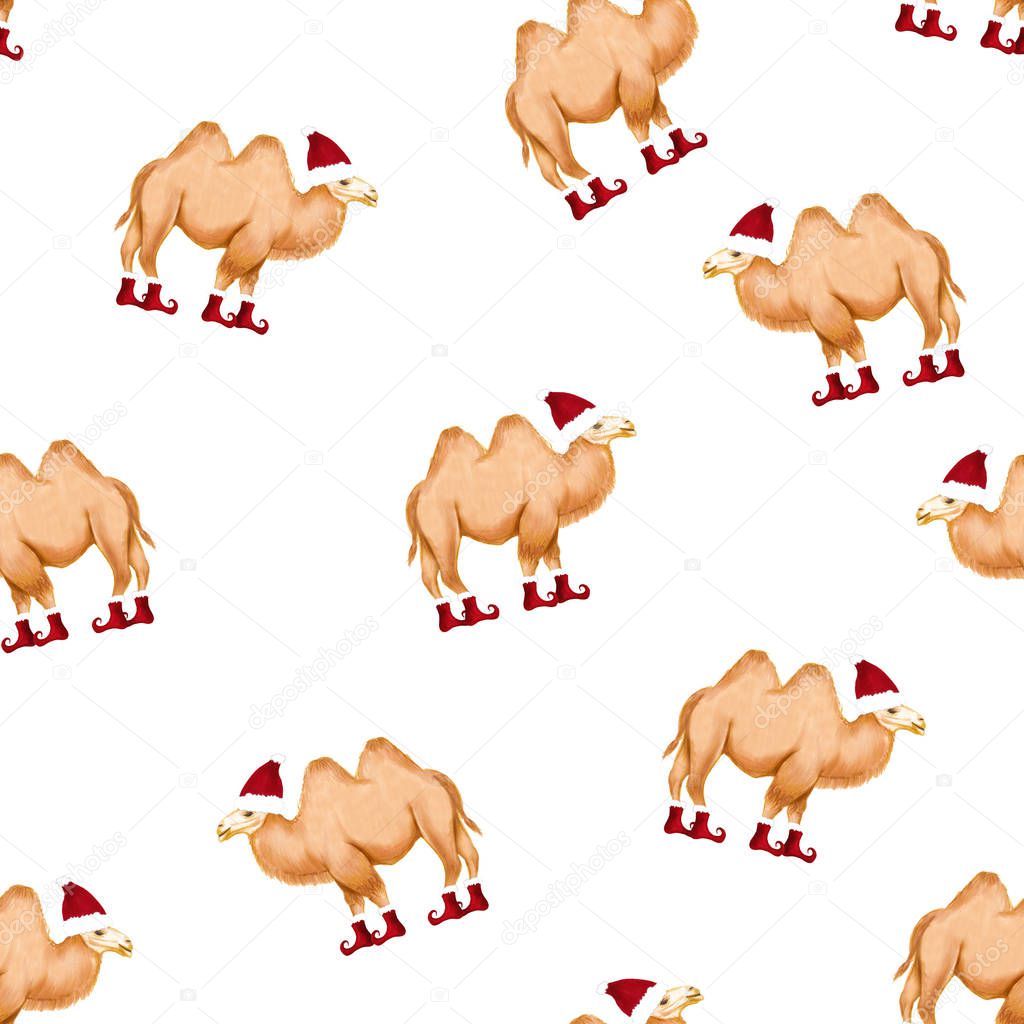 Seamless pattern with winter happy camel in Santa hat and shoes. Christmas design for cards, backgrounds, fabric, wrapping paper. Merry Christmas and Happy New Year vertical greeting card.