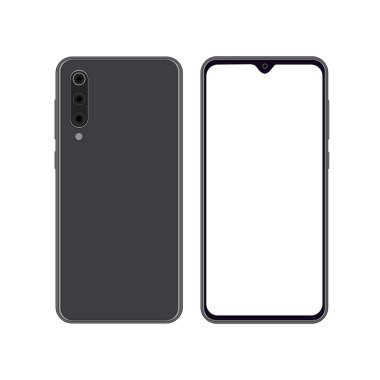 Xiaomi Mi9 'un önünde ve arkasında. Vektör basit grafik çizimi. Simge akıllı telefonu arka planda izole edildi. Uygulama, web, sunum, Ui Ux geliştirme kavramı.