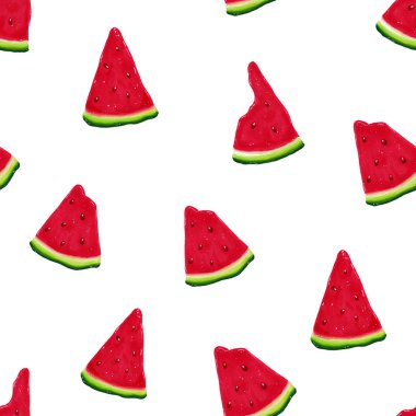 Beyaz arka planda kusursuz desenli karpuz parçası. Taze vitamin besin. Yaz tatili yemek arkaplanı. Taze organik konsept.