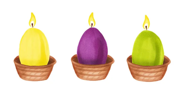 Set von Osterkerzen in Form von Eiern in Körben isoliert auf weißem Hintergrund. ein Element des orthodoxen Feiertags für Grußkarten, Poster, Stoffe. — Stockfoto