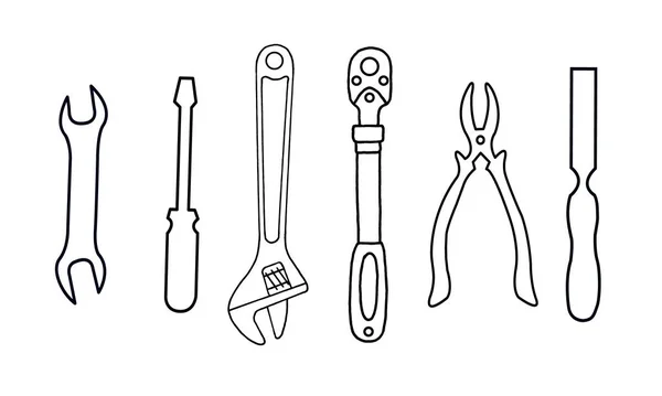 Conjunto de 6 iconos planos y simples de herramientas de dibujo con líneas negras sobre fondo blanco. Herramientas de llave vectorial. Elemento para su diseño . — Vector de stock