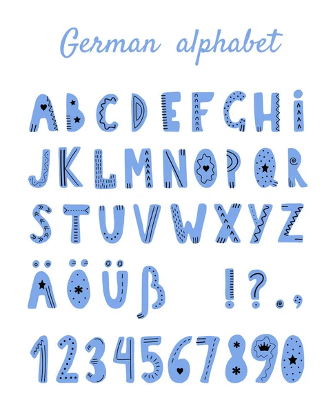 Голубой немецкий алфавит в скандинавском стиле на белом фоне. Симпатичные буквы для вашего дизайна . — стоковый вектор