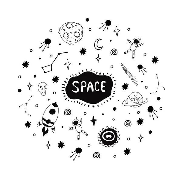 Space set collection. Science set collection. Cute, funny background. Hand drawn artwork. Black and white. Coloring book page for adults and kids. Doodle wallpaper.