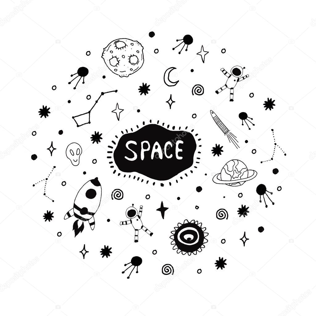 Space set collection. Science set collection. Cute, funny background. Hand drawn artwork. Black and white. Coloring book page for adults and kids. Doodle wallpaper.