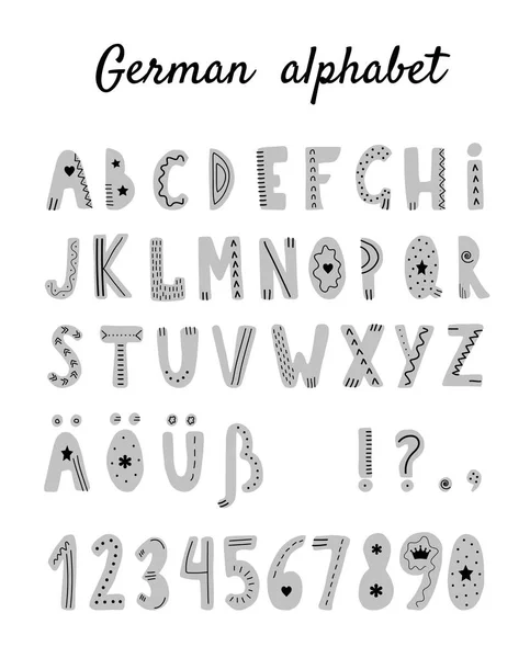 Graues deutsches Alphabet im skandinavischen Stil auf weißem Hintergrund. Niedliche Buchstaben für Ihr Design. — Stockvektor