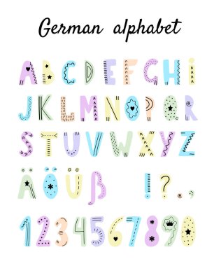 Beyaz arka planda İskandinav tarzı renkli Alman alfabesi. Tasarımın için sevimli harfler..