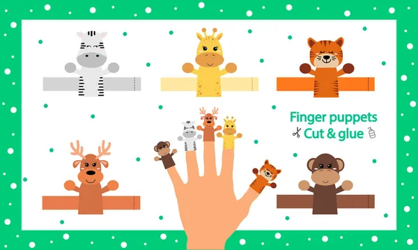 Fingerpuppen. Vektorillustration. Schneiden und kleben Sie das Papier niedliche Tierpuppe. Spielzeug für Nutztiere schaffen. 3D-Spiele-Puzzle. Geburtstag. Arbeitsblatt mit Kindern Kunst Spiel. — Stockvektor