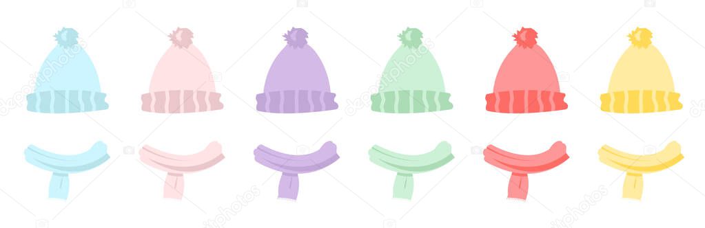 Hats and scarves of various color set. Winter clothes. Set hat and scarf in one style. Isolated vector illustration.