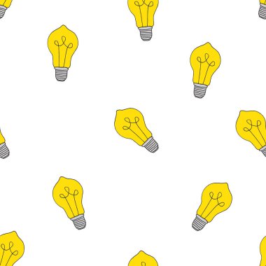 Beyaz arka planda doğrusal sarı ampullerin kusursuz deseni. Yaratıcı element tasarımı. El çizimi illüstrasyon.