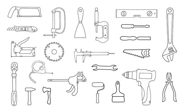 Set di semplici icone di strumenti di disegno con linee nere su sfondo bianco. Illustrazione dell'ingegneria vettoriale di misura. Icona vettoriale contorno piatto . — Vettoriale Stock