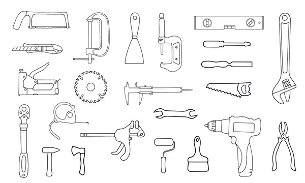 Conjunto de iconos simples de herramientas de dibujo con líneas negras sobre fondo blanco. Medir ilustración de ingeniería vectorial. Icono de vector de esquema plano . — Archivo Imágenes Vectoriales