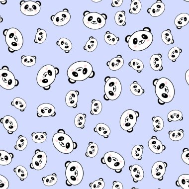 Mavi arka planda gülümseyen sevimli el çizilmiş kusursuz bir panda deseni. Çizgi film hayvanat bahçesi. Vektör çizimi. Çocuk ürünlerinin İskandinav tarzında dizaynı için hayvanlar.