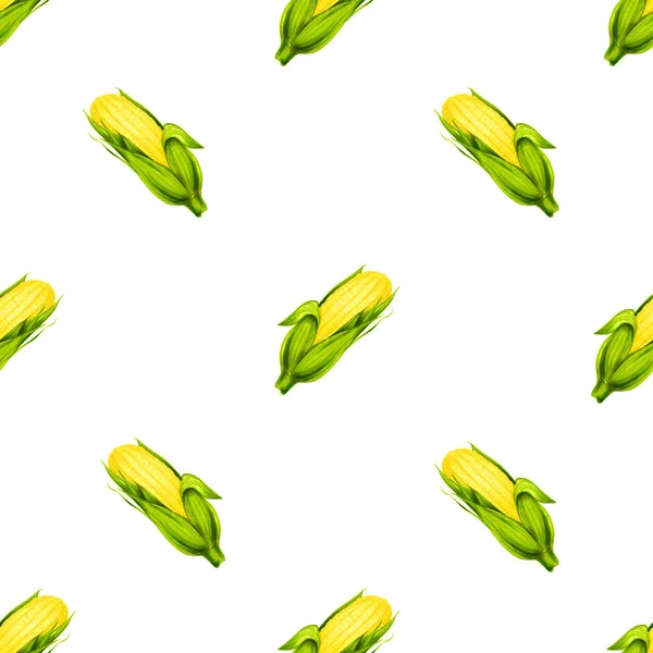 Patrón sin costuras de acuarela realista ilustración de maíz aislado sobre fondo blanco. Icono de comida orgánica. Comida sana y vegetariana . —  Fotos de Stock
