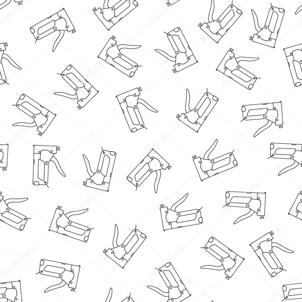 Staple gun icon. Vector seamless pattern with hand drawn isolated construction materials on white color. Pattern on the theme of building. Background for use in design, packing, fabric