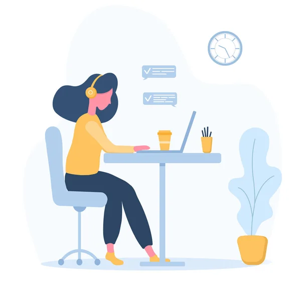 Freelancer feminino. Menina em fones de ouvido com laptop sentado em uma mesa. Ilustração de conceito para trabalhar, estudar, educação, trabalho em casa, estilo de vida saudável. Ilustração vetorial em estilo plano — Vetor de Stock