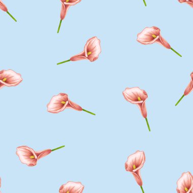 Mavi arka planda elle çizilmiş bej anthurium ile kusursuz desen. Kumaş ve ambalaj kağıdı için dekoratif öge.