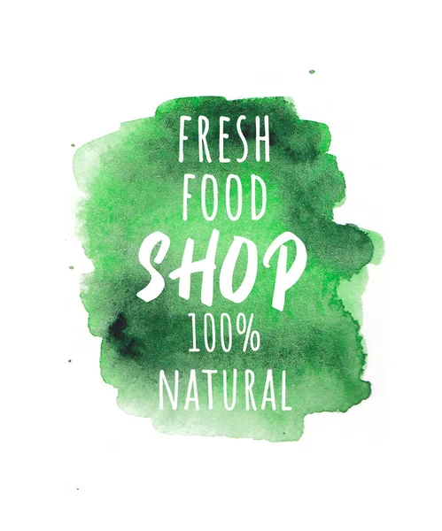 Eco, organic labels shop. Green abstract hand drawn watercolor background. Natural, organic food, bio, eco design elements. — 스톡 사진