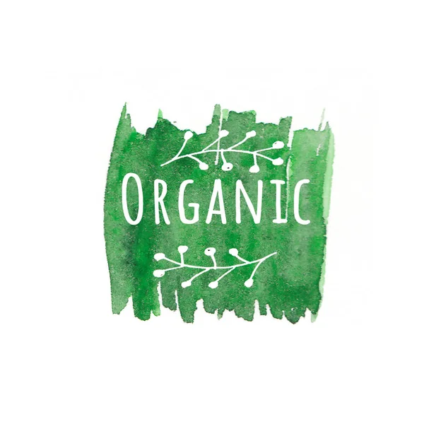 Eco, organic labels. Green abstract hand drawn watercolor background. Natural, organic food or cosmetic, bio, eco design elements. — Stock Photo, Image