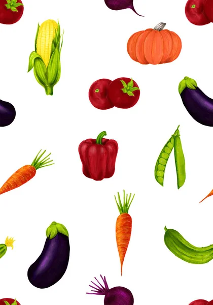 Seamless pattern of realistic watercolor illustration of juicy vegetables isolated on white background. Organic food icon. Healthy and vegetarian food. — ストック写真