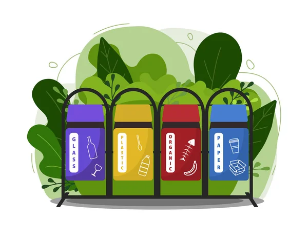 Latas de lixo vetorial ilustrações planas. A classificar o lixo. Conceito de ecologia e reciclagem. Recicle caixas de lixo coloridas no moderno plano de fundo verde . —  Vetores de Stock