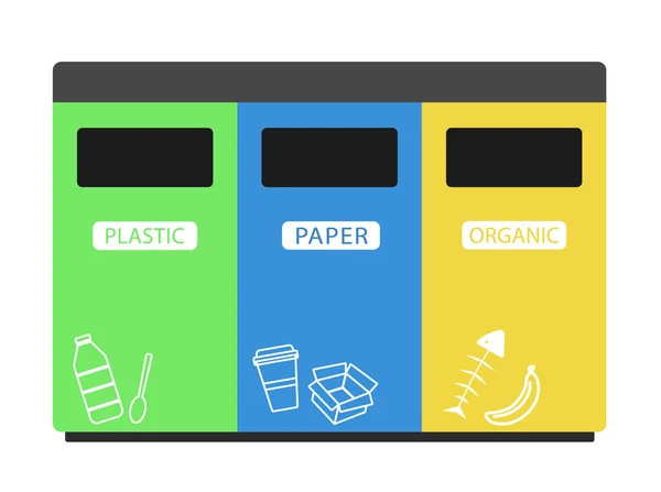 Basura latas vector ilustraciones planas. Clasificando basura. Concepto de ecología y reciclaje. Papeleras de reciclaje coloridas aisladas sobre fondo blanco . — Vector de stock