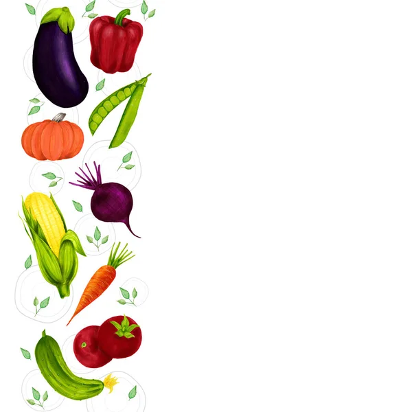 Ręcznie rysowane warzywa. Kolekcja designerska do menu, ekologicznych i naturalnych sklepów spożywczych, opakowań i reklamy. Plakat z ramą i dekoracją granic. Eko sklep produkt rolny. Zdrowa żywność. — Zdjęcie stockowe