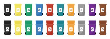 Çöp tenekeleri düz çizimler sunar. Çöpleri ayıklıyorum. Ekoloji ve geri dönüşüm konsepti. Beyaz arkaplanda izole edilmiş renkli açık ve kapalı çöp kutuları.