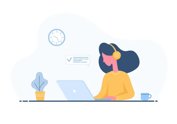 Mujeres freelance. Chica en auriculares con portátil sentado en una mesa. Ilustración conceptual para trabajar, estudiar, educar, trabajar desde casa, estilo de vida saludable. Ilustración vectorial en estilo plano — Vector de stock