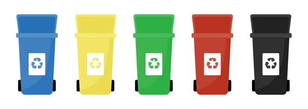 ゴミ缶ベクトルフラットイラスト。ゴミの分別生態系とリサイクルの概念。白い背景に隔離されたカラフルなオープンリサイクルゴミ箱. — ストックベクタ
