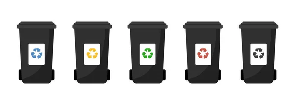 ゴミ缶ベクトルフラットイラスト。ゴミの分別生態系とリサイクルの概念。白い背景に隔離された黒いごみ箱. — ストックベクタ