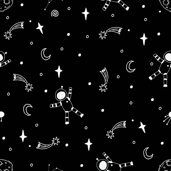 Fondo sin fisuras del espacio. Colección de conjuntos de ciencia. Lindo, divertido fondo. Obra dibujada a mano. Blanco y negro. Página para colorear libro para adultos y niños. Patrón de fondo de pantalla Doodle . — Foto de Stock