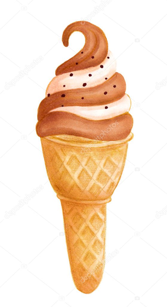 Ice cream in the waffle cone with vanilla and caramel taste isolated on white background. Hand drawn realistic illustration. Cute style for product design. Sweetie dessert