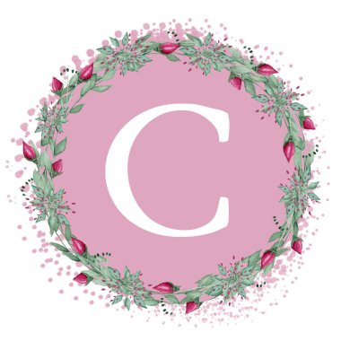 Pembe arka planda beyaz C harfi. Fırçanın el yazısı. Modern Matte Harfleri. Yastıkların tasarımı. Adının ilk harfleriyle düğün kartı..