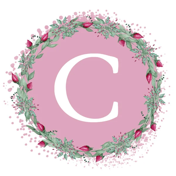 Pembe arka planda beyaz C harfi. Fırçanın el yazısı. Modern Matte Harfleri. Yastıkların tasarımı. Adının ilk harfleriyle düğün kartı..