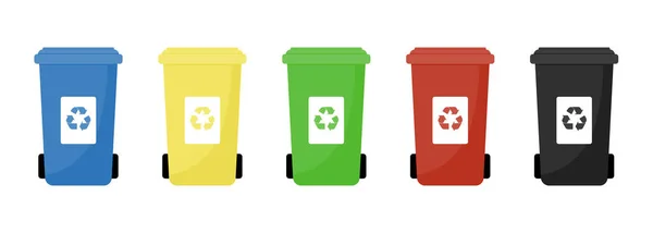 ゴミ缶ベクトルフラットイラスト。ゴミの分別生態系とリサイクルの概念。白い背景に隔離されたカラフルなリサイクルゴミ箱. — ストックベクタ