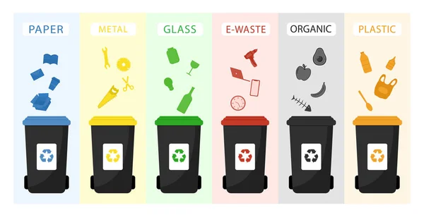 ゴミ缶ベクトルフラットイラスト。ゴミの分別生態系とリサイクルの概念。白い背景に隔離された黒いごみ箱. — ストックベクタ