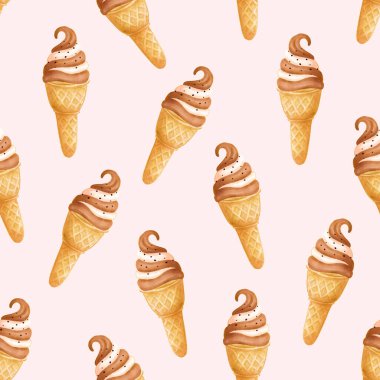 Vanilyalı dondurma külahında kusursuz desen ve yumuşak pembe arka planda karamel tadı. El çizimi gerçekçi illüstrasyon. Ürün tasarımı için hoş bir tarz. Tatlı..