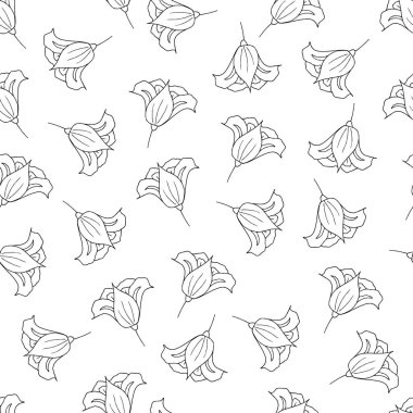 Karalama ikonu süsen çiçeğinin kusursuz deseni. Düğün, doğum günü, balon, tişört, not defteri, yastık için el fırçası, tebrik kartı ya da parmak izi. Düz dizayn, ince çizgi biçimi.