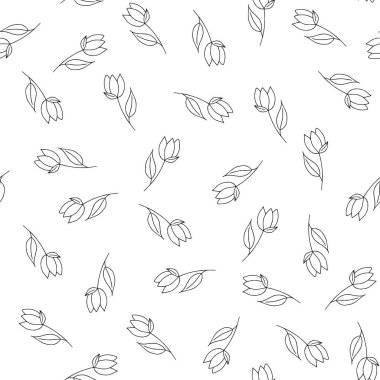 Çiçek ikonu lalesinin kusursuz deseni. Düğün, doğum günü, balon, tişört, not defteri, yastık için el fırçası, tebrik kartı ya da parmak izi. Düz dizayn, ince çizgi biçimi.